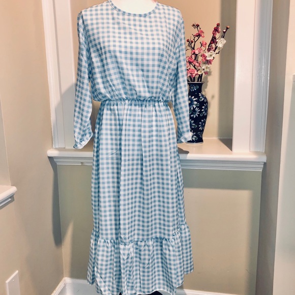 NWT Baby Blue Gingham Ruffle-Hem Midi Dress - Picture 2 of 10